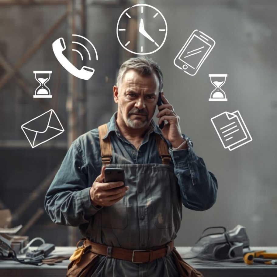 Handwerker spricht telefonierend und hält Handy in der Hand, umgeben von Symbolen für Zeitmanagement und Kommunikation.